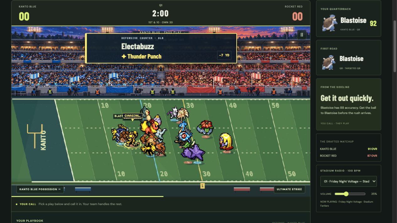 Electabuzz unleashes Thunder Punch against Blastoise in the Poké Bowl football stadium